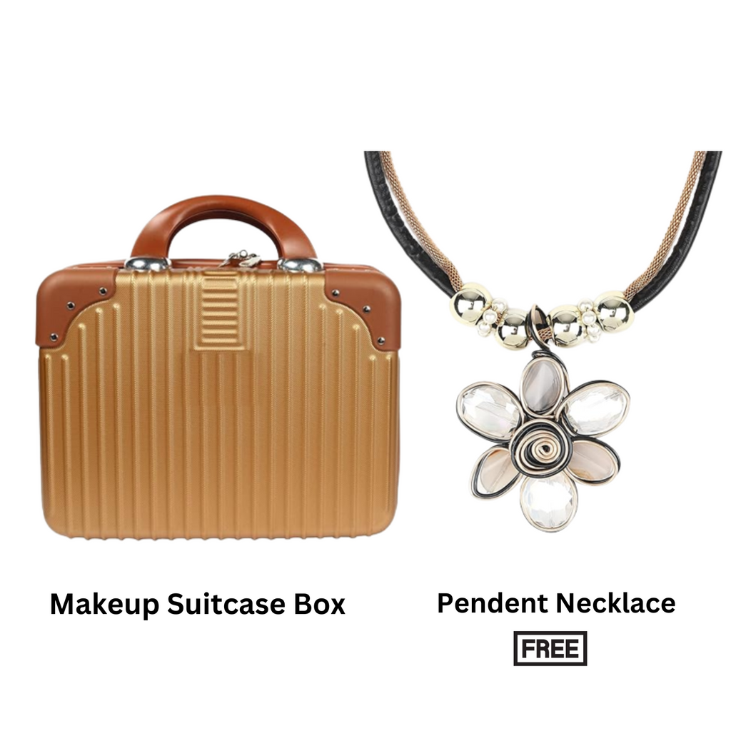 Makeup Case Suitcase Organizer Box Travel Vanity Box (Brown) | Free Fancy Pendant Necklace