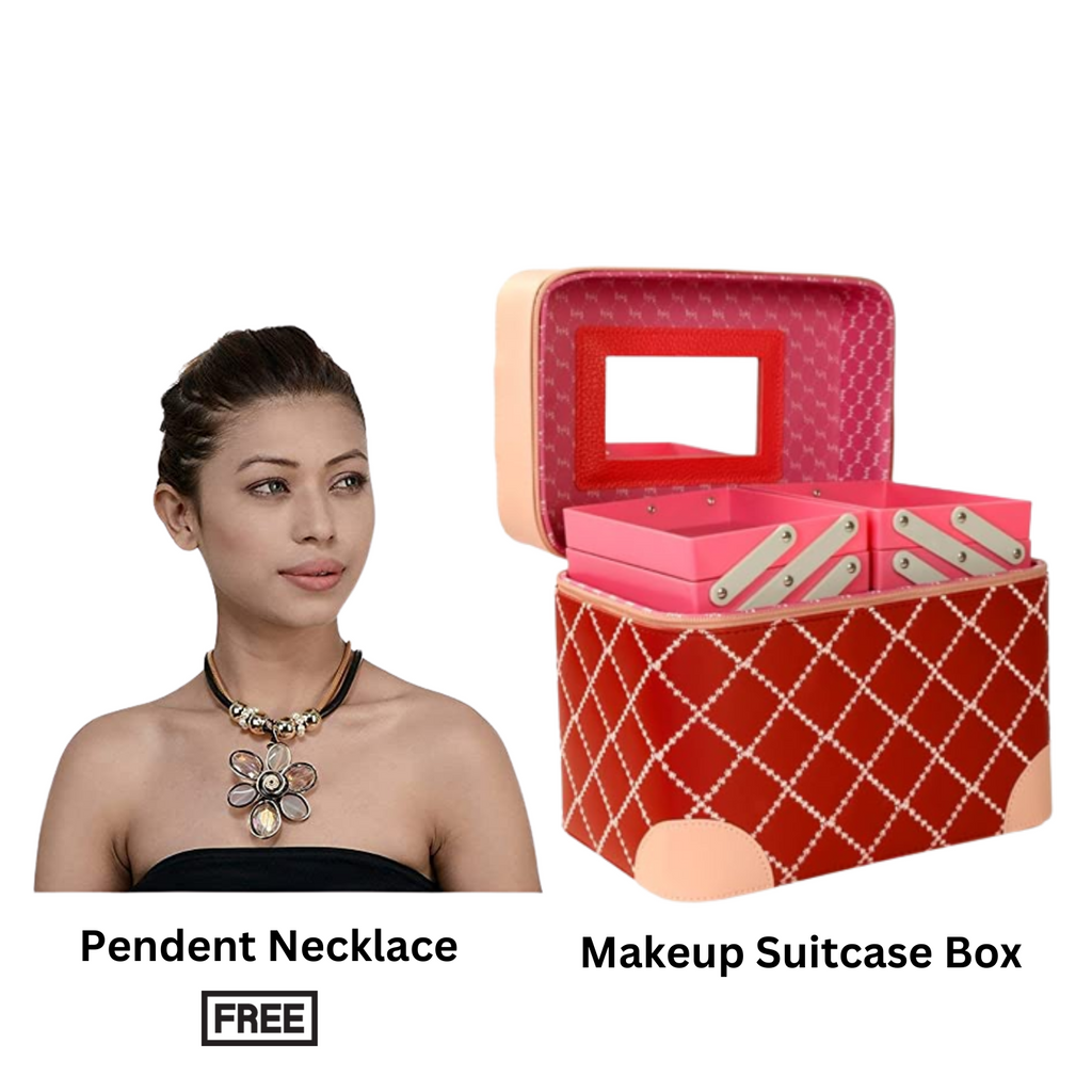 Makeup Organizer Bag Large Vanity Box Cosmetic Case with 5 Compartments 2 Trays| Free Fancy Pendant Necklace