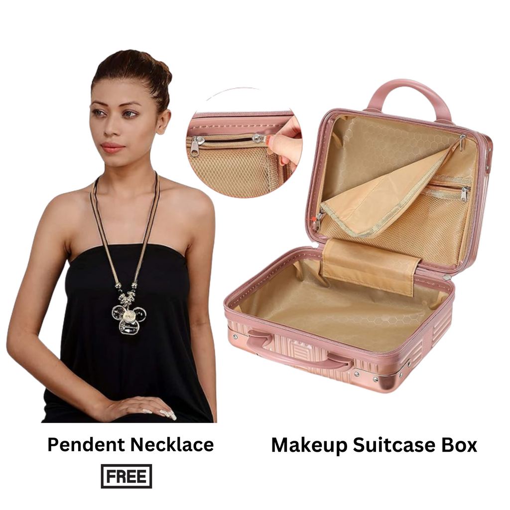 Makeup Case Suitcase Organizer Box Travel Vanity Luggage Mini Case (Brown) | long chain with Pendent Necklace